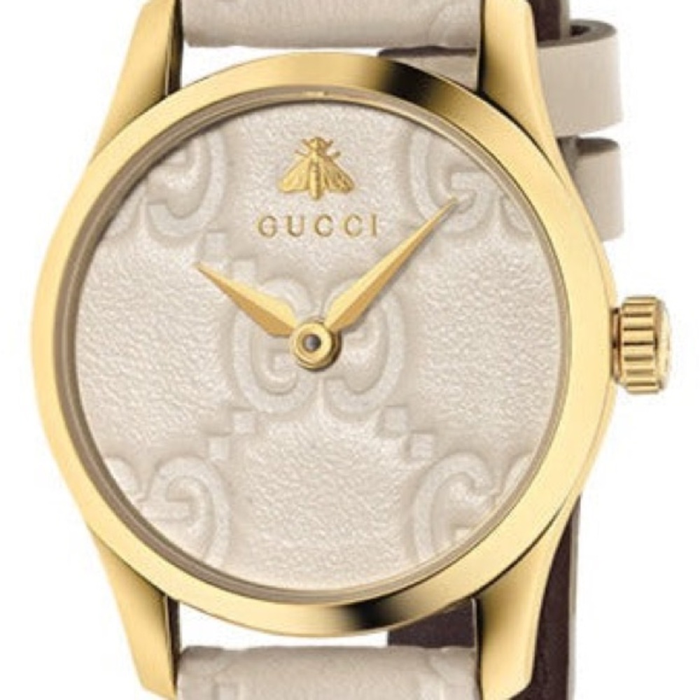 Gucci Gold-Tone Case Beige Embossed Dial Leather Strap Watch